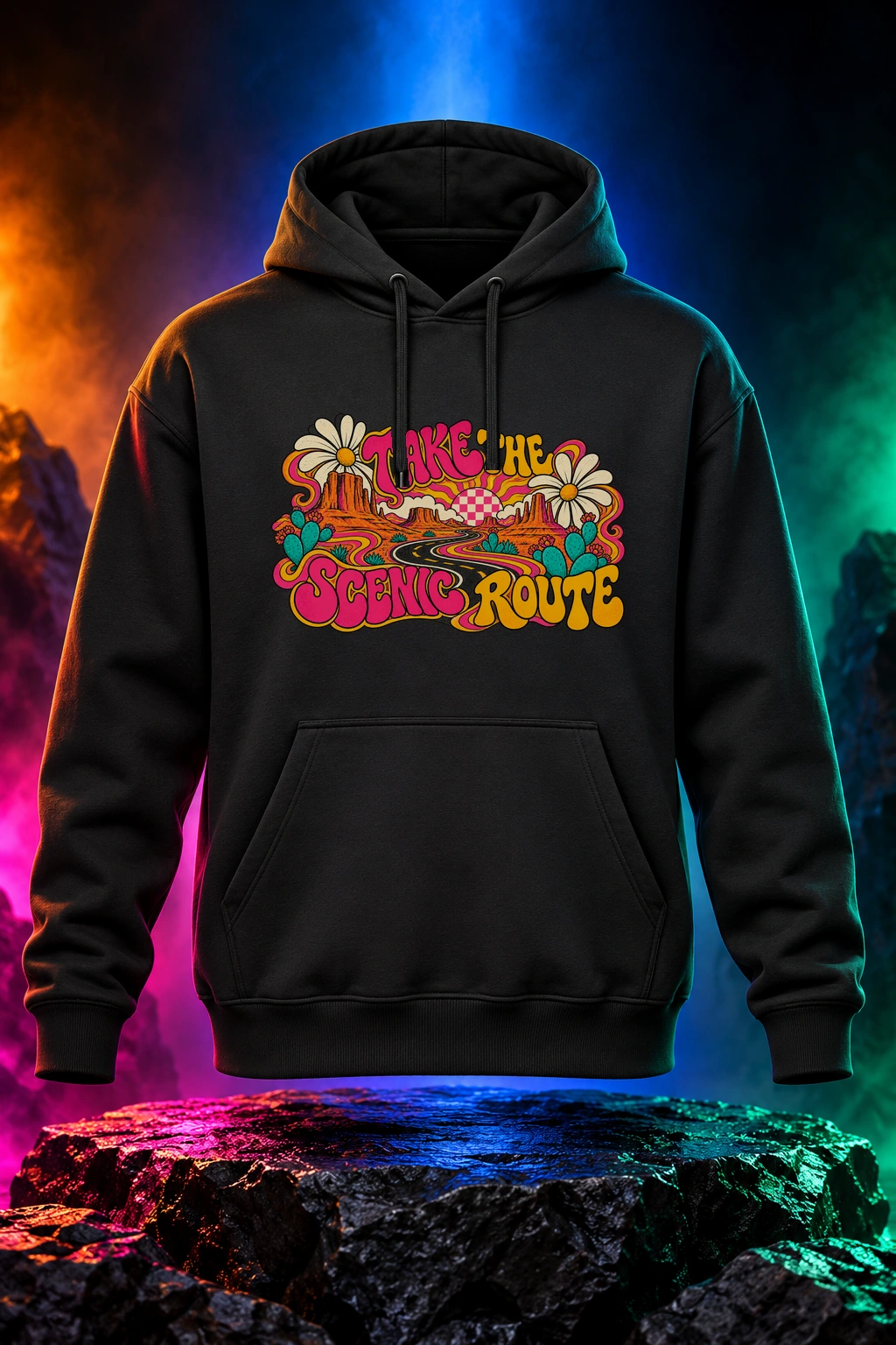 Black hoodie with the Take the Scenic Route artwork. Winding desert roads, bright cacti and psychedelic color make Take the Scenic Route a road trip worth wearing. Digital studio mockup.