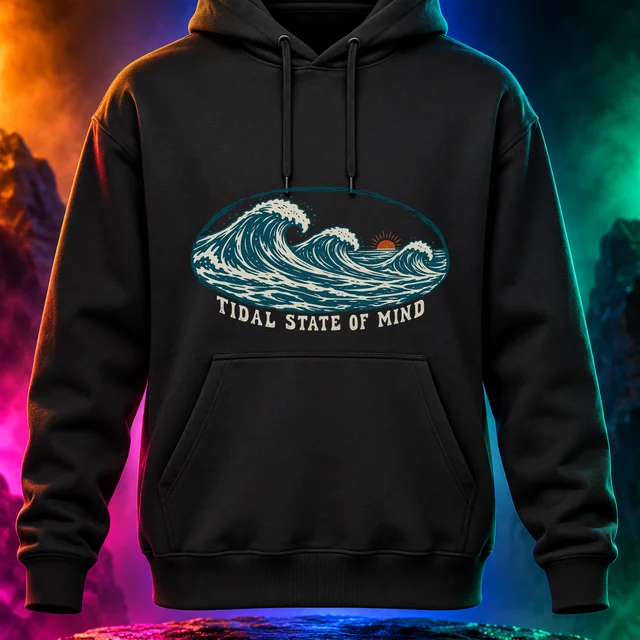 Black hoodie with the Tidal State of Mind artwork. Carved ocean waves and a warm horizon bring a slower coastal rhythm to Tidal State of Mind. Digital studio mockup.