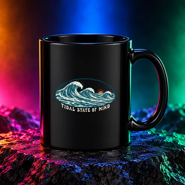 Black mug with the Tidal State of Mind artwork. Carved ocean waves and a warm horizon bring a slower coastal rhythm to Tidal State of Mind. Digital studio mockup.