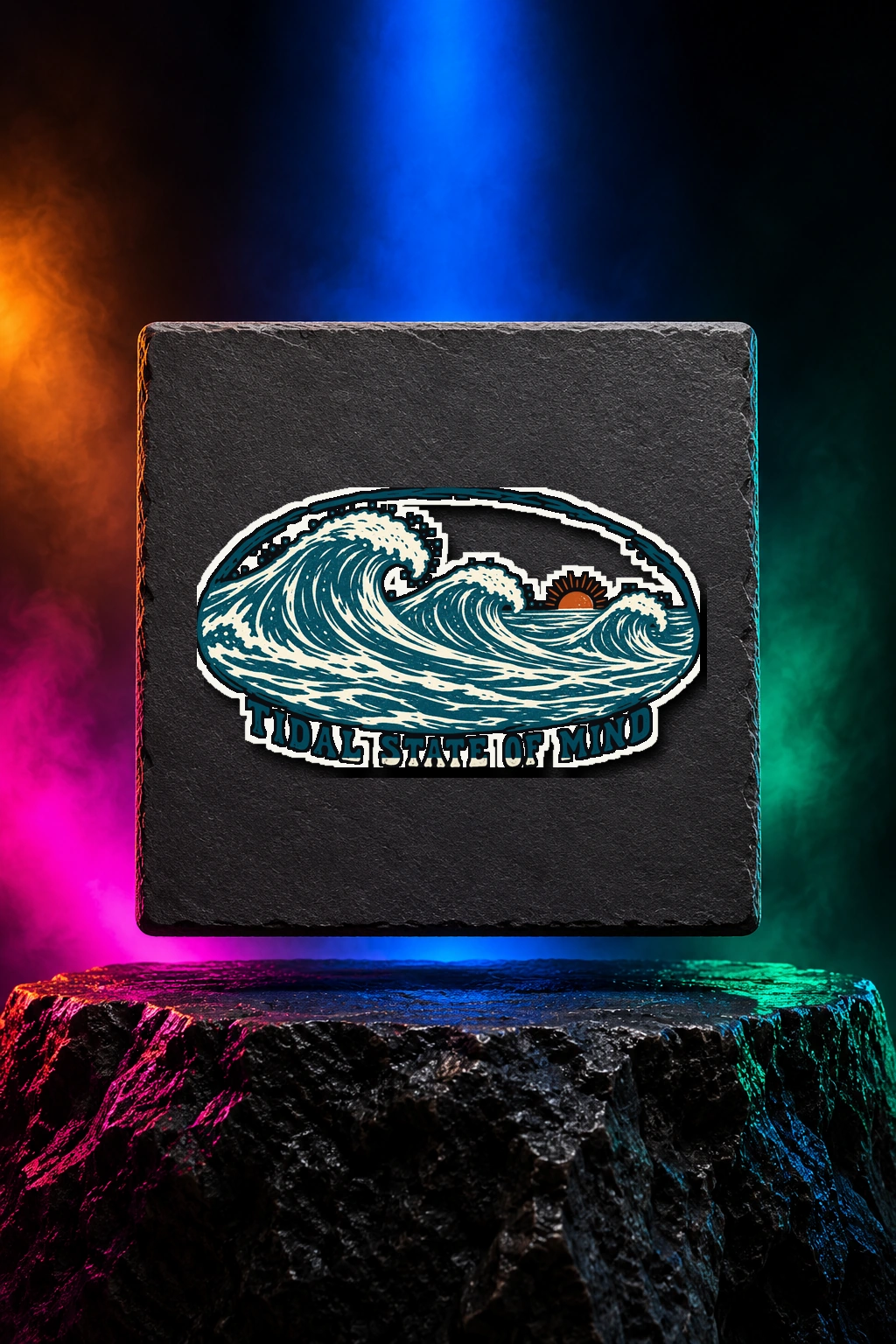 White kiss-cut sticker with the Tidal State of Mind artwork. Carved ocean waves and a warm horizon bring a slower coastal rhythm to Tidal State of Mind. Digital studio mockup.