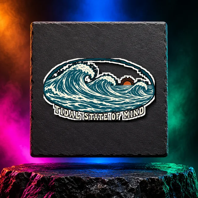 White kiss-cut sticker with the Tidal State of Mind artwork. Carved ocean waves and a warm horizon bring a slower coastal rhythm to Tidal State of Mind. Digital studio mockup.