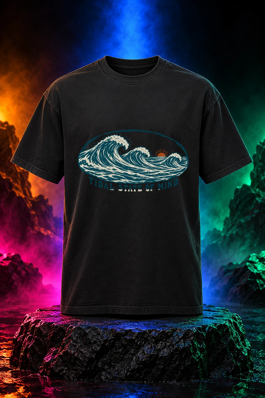 Black tee with the Tidal State of Mind artwork. Carved ocean waves and a warm horizon bring a slower coastal rhythm to Tidal State of Mind. Digital studio mockup.