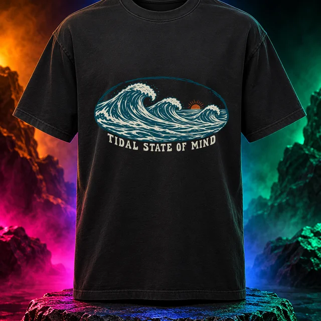 Black tee with the Tidal State of Mind artwork. Carved ocean waves and a warm horizon bring a slower coastal rhythm to Tidal State of Mind. Digital studio mockup.