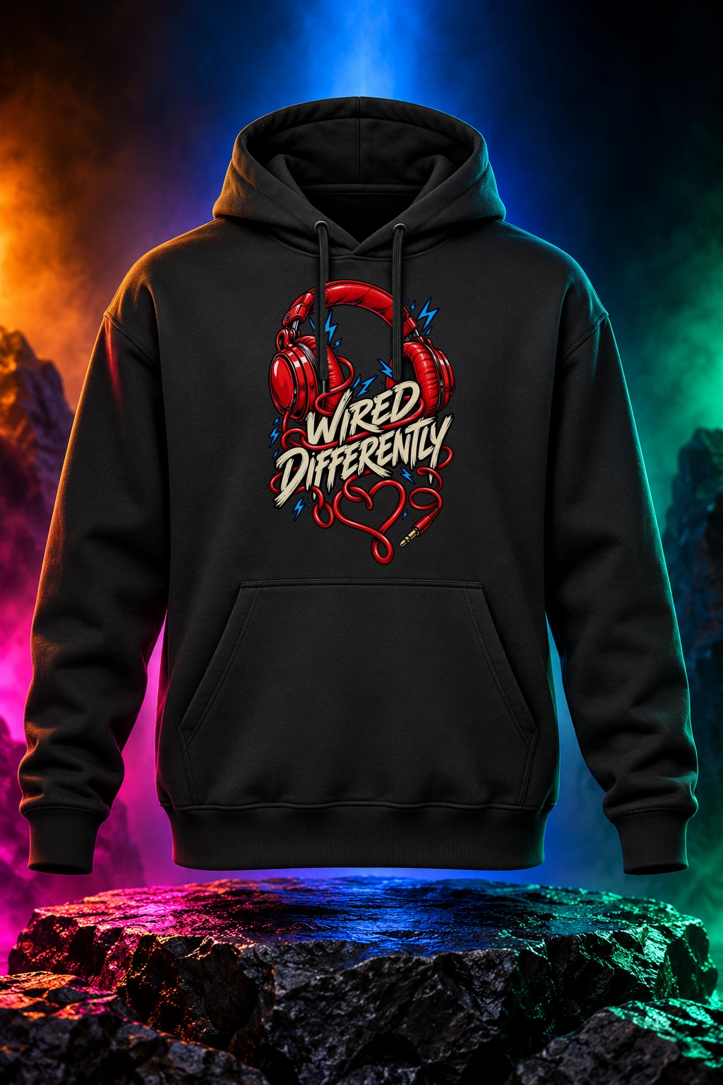 Black hoodie with the Wired Differently artwork. Bright wired headphones and expressive lettering make Wired Differently a celebration of doing things your way. Digital studio mockup.