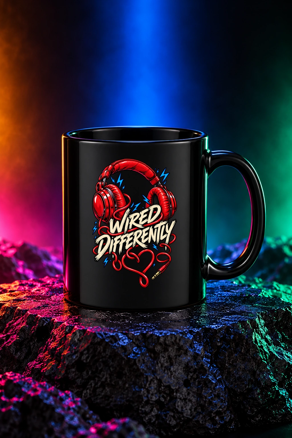 Black mug with the Wired Differently artwork. Bright wired headphones and expressive lettering make Wired Differently a celebration of doing things your way. Digital studio mockup.