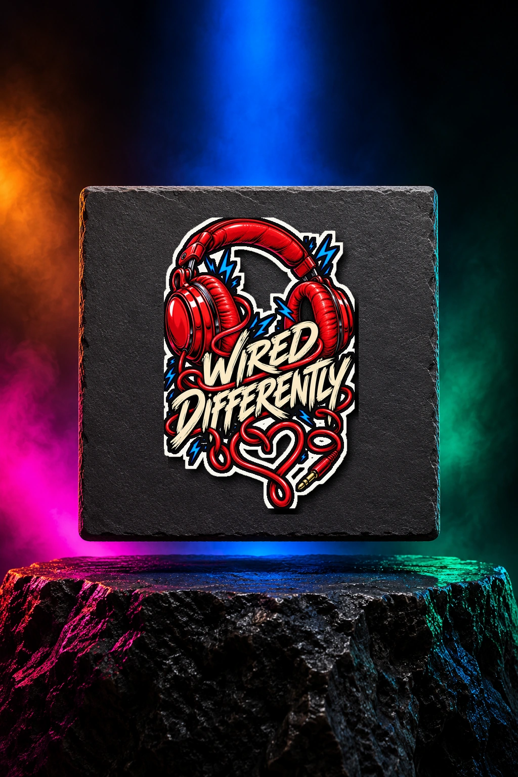 White kiss-cut sticker with the Wired Differently artwork. Bright wired headphones and expressive lettering make Wired Differently a celebration of doing things your way. Digital studio mockup.
