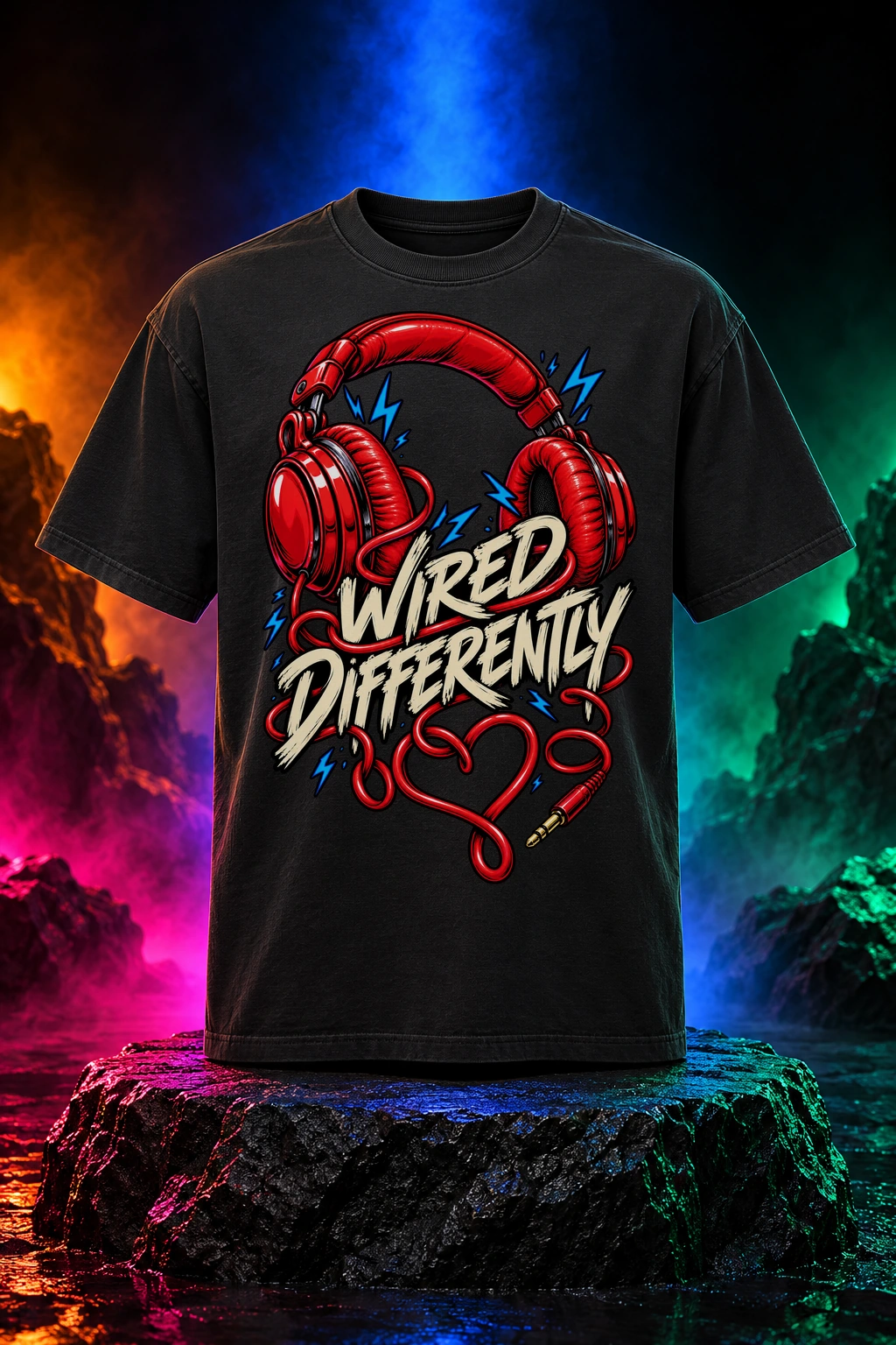 Black tee with the Wired Differently artwork. Bright wired headphones and expressive lettering make Wired Differently a celebration of doing things your way. Digital studio mockup.